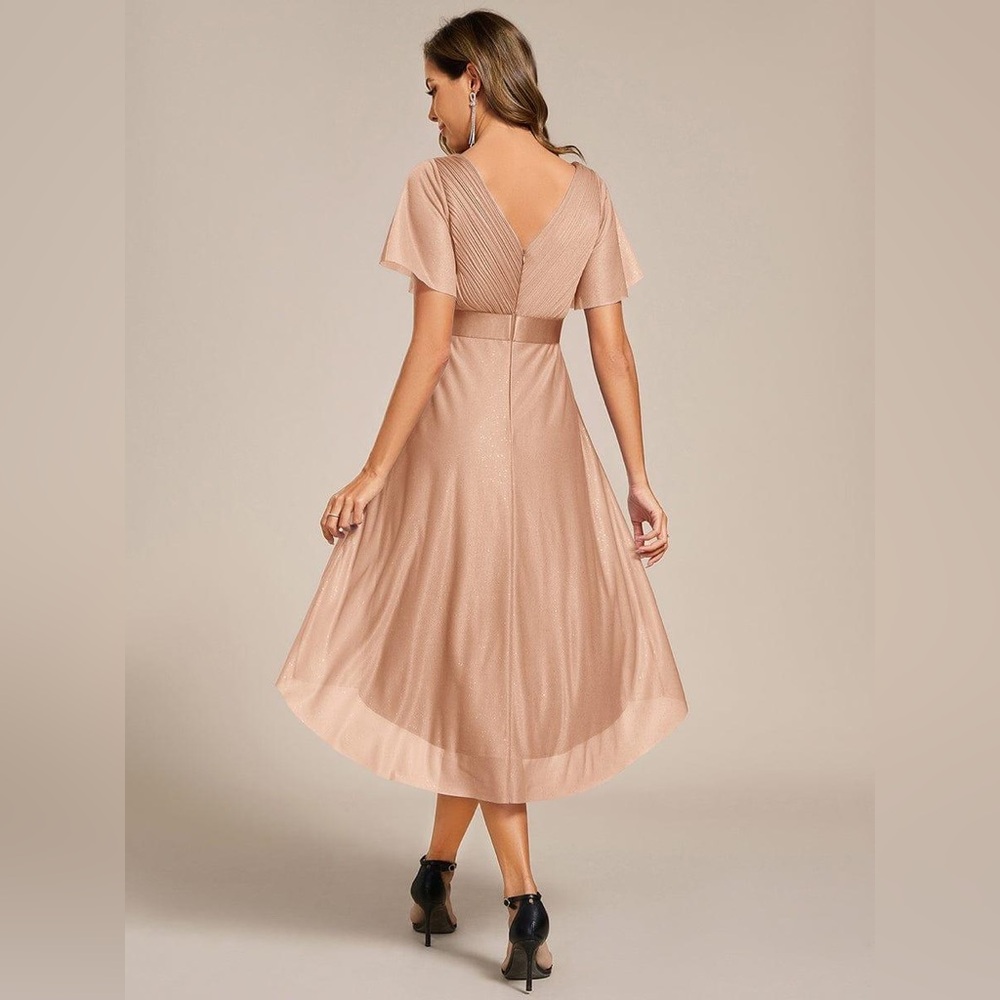 Short Sleeve V-Neck Pleated Glitter Midi Dress - Picture 2 of 10